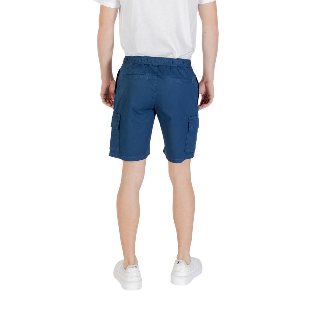 Back view of Hugo Boss Blue Cotton Bermuda Shorts worn by a man, showcasing comfort and modern design for casual occasions.