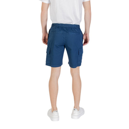 Back view of Hugo Boss Blue Cotton Bermuda Shorts worn by a man, showcasing comfort and modern design for casual occasions.