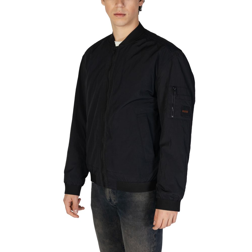 Hugo Boss Black Polyamide Bomber men's jacket with front zip and ribbed collar, modern style, crafted from polyamide and cotton blend.
