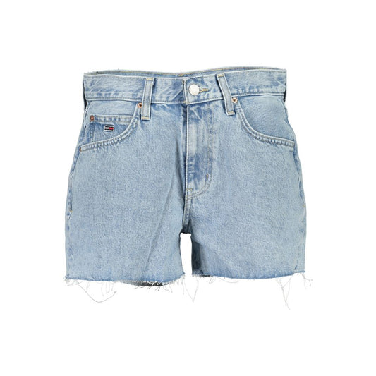Alt Tag: Tommy Hilfiger Blue Cotton Short with 5 pockets, fringed hem, button and zip closure, featuring a logo detail.