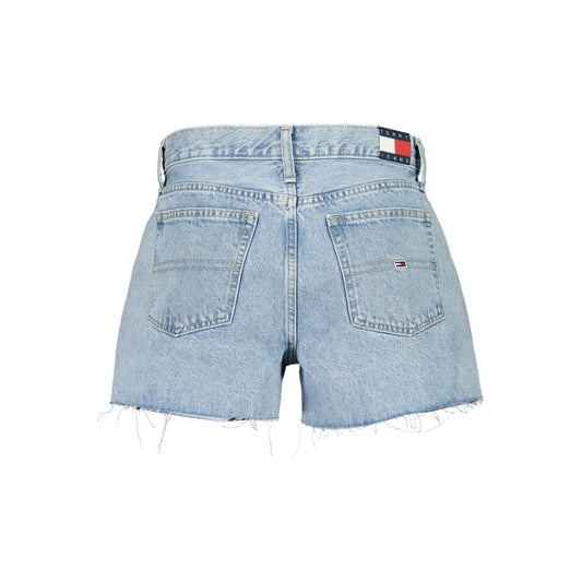 Tommy Hilfiger Blue Cotton Short with 5 pockets, fringed hem, and logo displaying from behind.
