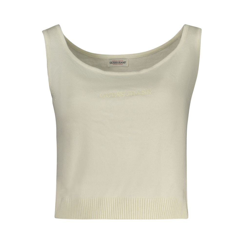 Guess Jeans White Polyester Shirt, tank top with wide straps and neckline, featuring embroidery and Guess logo.