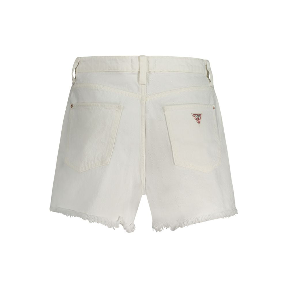 Back view of Guess Jeans White Cotton Short with worn effect and logo on recycled cotton. 5 pocket shorts with button and zip closure.