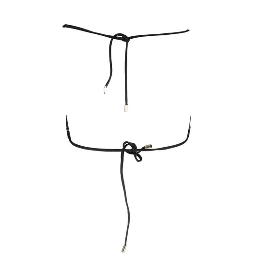 Karl Lagerfeld Black Elastane Swimwear triangle bikini with lined interior and lace closure, featuring logo design.