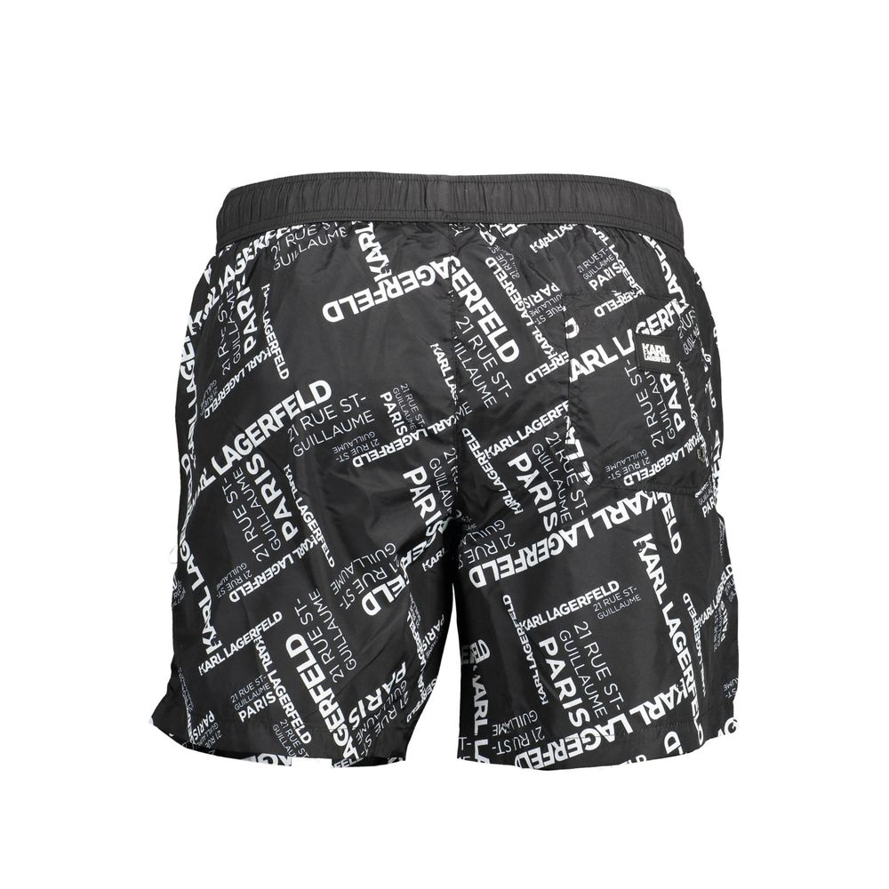 Karl Lagerfeld Black Polyester Swimwear featuring elastic waistband, two pockets, back pocket, and logo design with contrasting details.