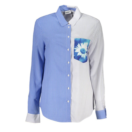 Desigual Blue Viscose Shirt with long sleeves, Italian collar, contrast details, single pocket, logo, and buttoned cuffs.