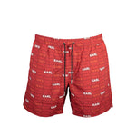 Karl Lagerfeld Red Polyester Swimwear with elastic waist, lace ties, and logo print. Features medium swim boxer cut with pockets.