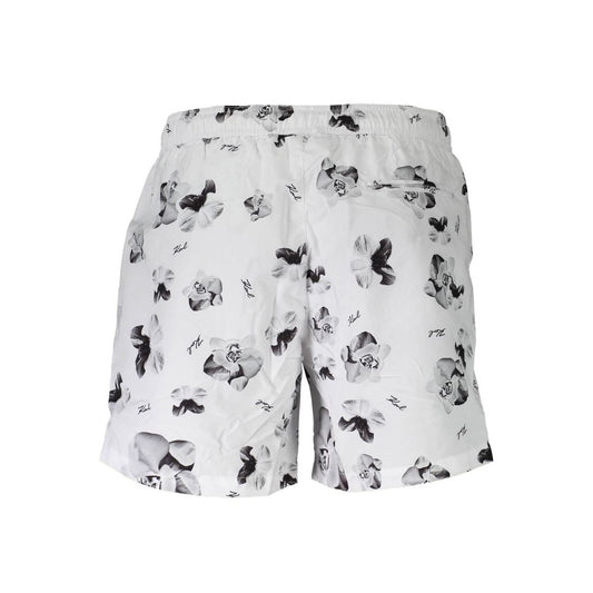 Karl Lagerfeld White Polyester Swimwear, medium swim boxer with 2 pockets, back pocket, and logo design.