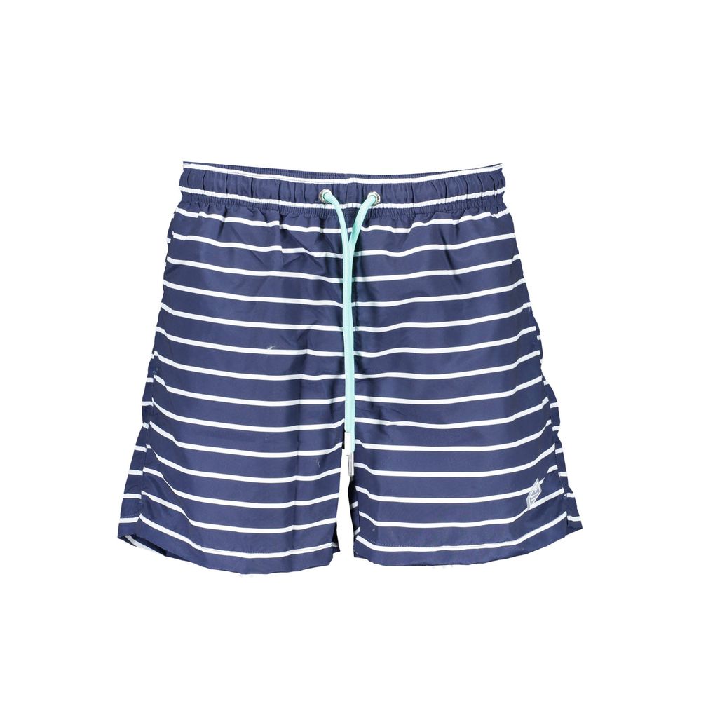 Gant Blue Polyester Swimwear with laces, 2 pockets, 1 back pocket, and logo. Striped swim boxer inside with slip.