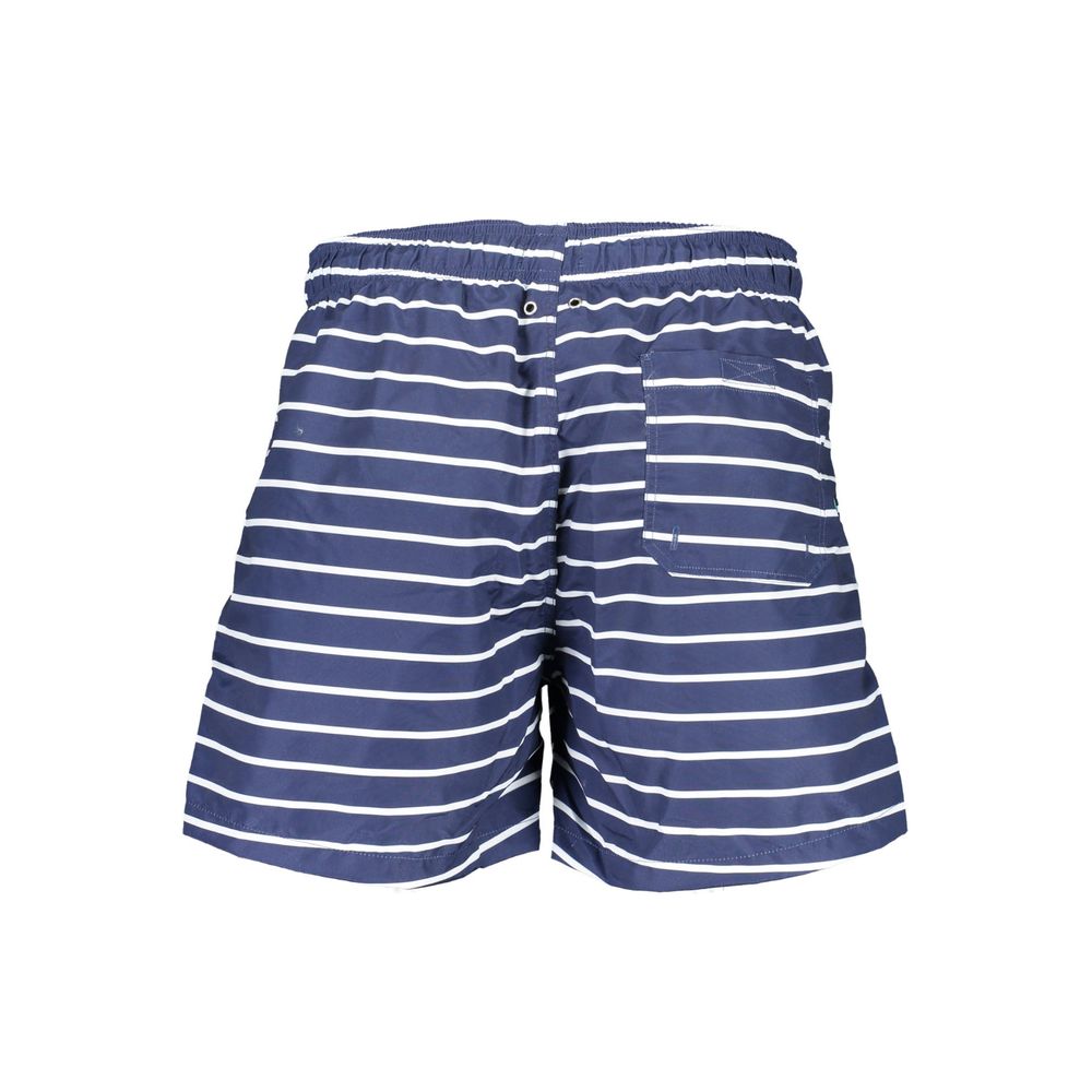 Gant Blue Polyester Swimwear featuring striped swim boxer design with inner slip, two front pockets, and back pocket with laces and logo.