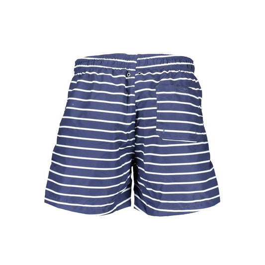 Gant Blue Polyester Swimwear featuring striped swim boxer design with inner slip, two front pockets, and back pocket with laces and logo.