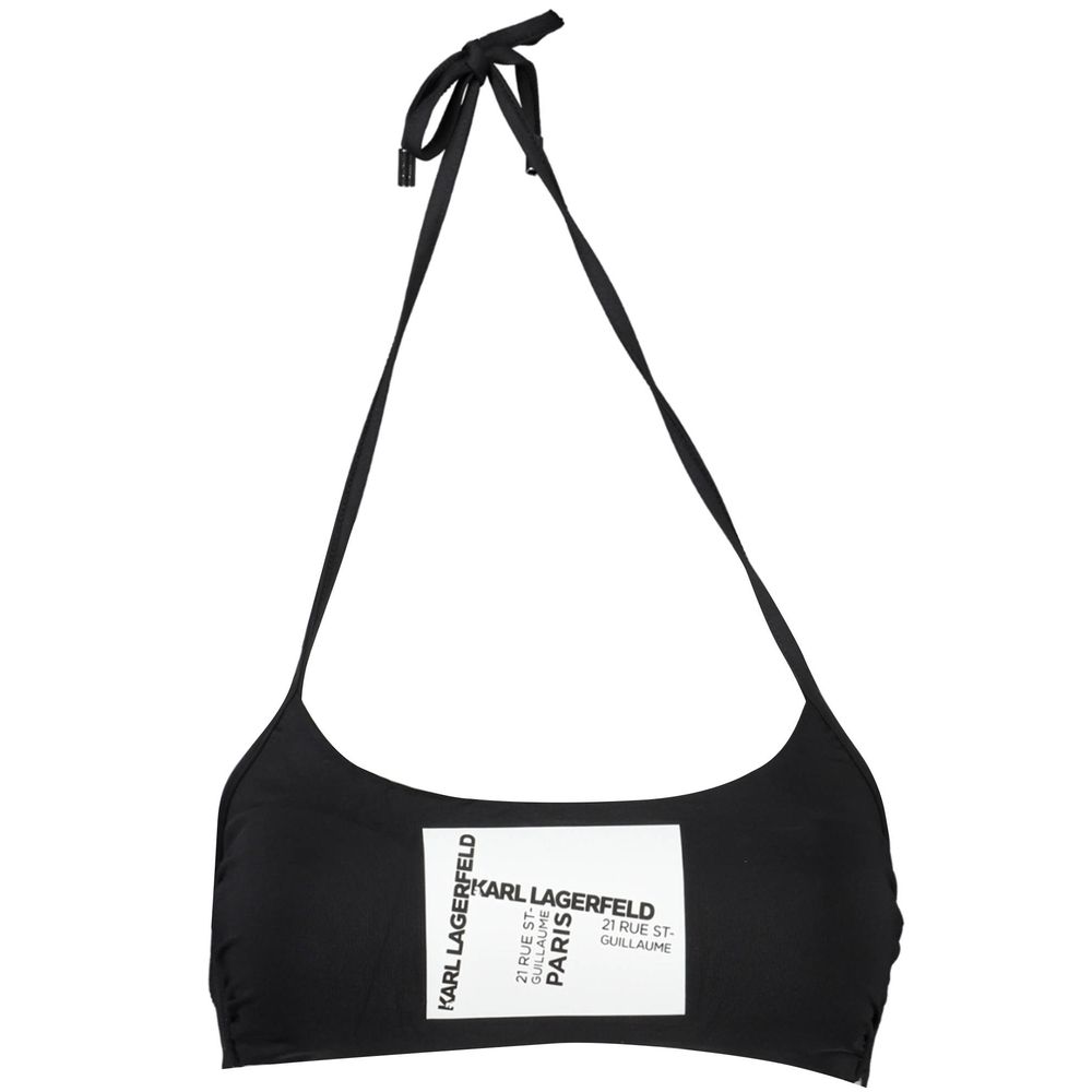 Karl Lagerfeld Black Elastane Swimwear; lined band swimsuit with neck tie, clip closure, removable padding, and contrasting logo print.