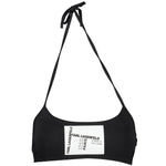 Karl Lagerfeld Black Elastane Swimwear; lined band swimsuit with neck tie, clip closure, removable padding, and contrasting logo print.