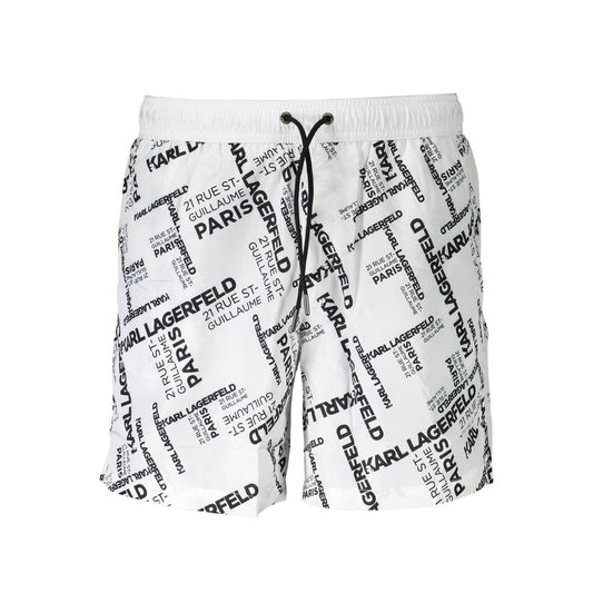 Karl Lagerfeld White Polyester Swimwear, medium swim boxer with two pockets, back pocket, inside slip, laces, logo design.