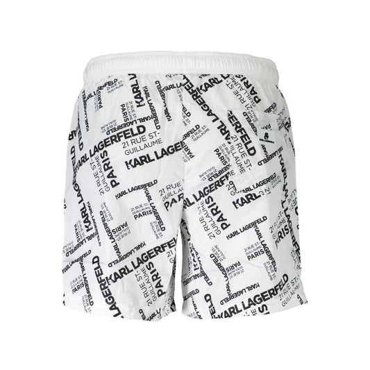 Karl Lagerfeld White Polyester Swimwear with logo design, medium swim boxer, featuring two pockets, one back pocket, and laces.
