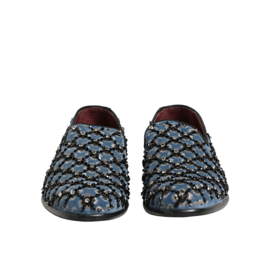 Dolce & Gabbana Blue Velvet Crystal Detailing Loafer Men Shoes