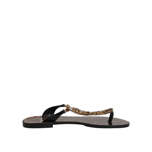 Dolce & Gabbana Black Crystals Flats Sandals Beachwear Shoes with crystal embellishments, sleek open-toe, perfect for summer style.