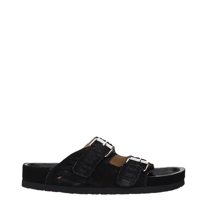 Isabel Marant Black Leather Slippers with silver buckle closure, open toe, and rubber sole, MPN SD0001HBA2B02N01BK.