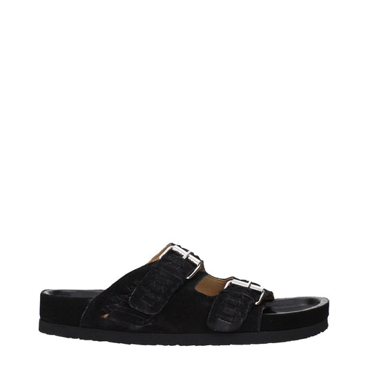 Isabel Marant Black Leather Slippers with silver buckle closure, open toe, and rubber sole, MPN SD0001HBA2B02N01BK.