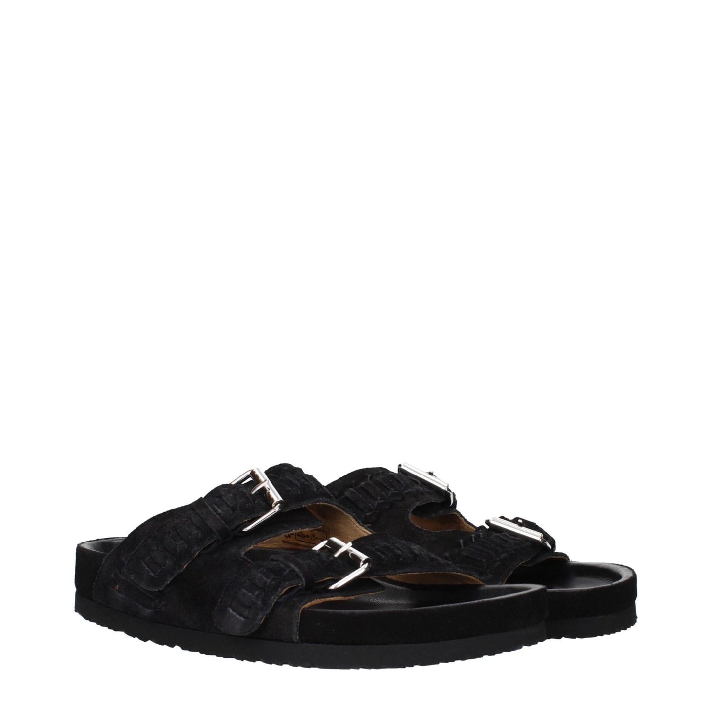 Isabel Marant Black Leather Slippers with buckle closure and open toe, featuring rubber sole and low flat heel.