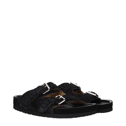 Isabel Marant Black Leather Slippers with buckle closure and open toe, featuring rubber sole and low flat heel.