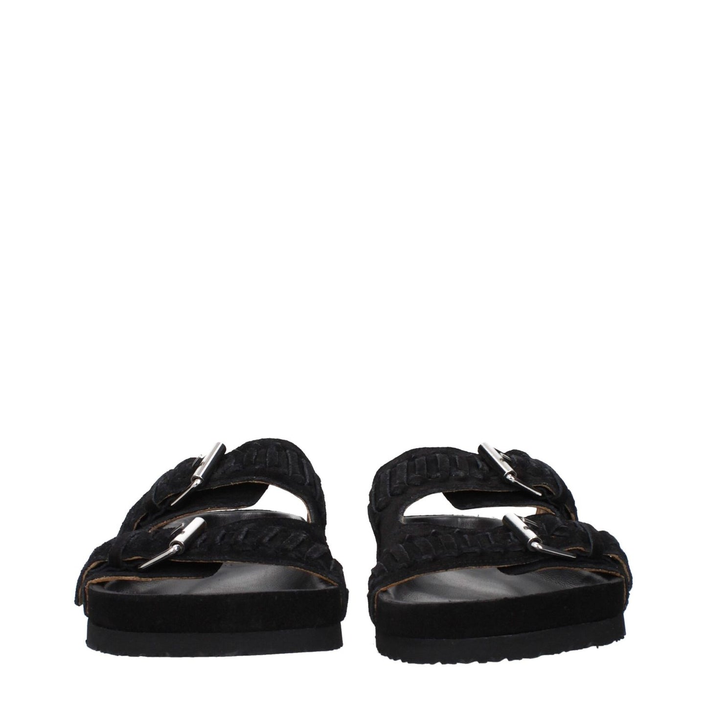 Isabel Marant Black Leather Slippers with silver buckle, rubber sole, and open toe design.
