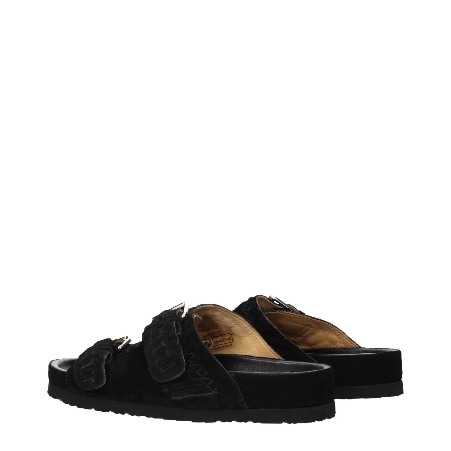 Isabel Marant Black Leather Slippers with buckle closures, open toe, and low flat heel.