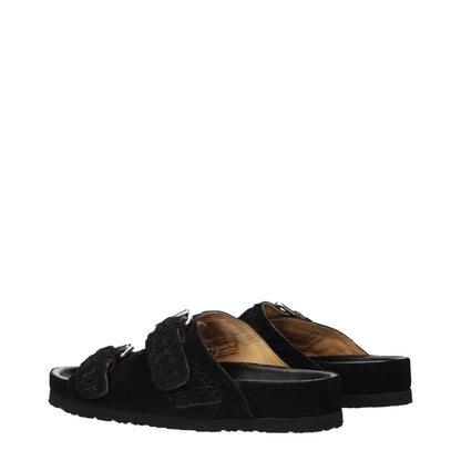 Isabel Marant Black Leather Slippers with buckle closures, open toe, and low flat heel.