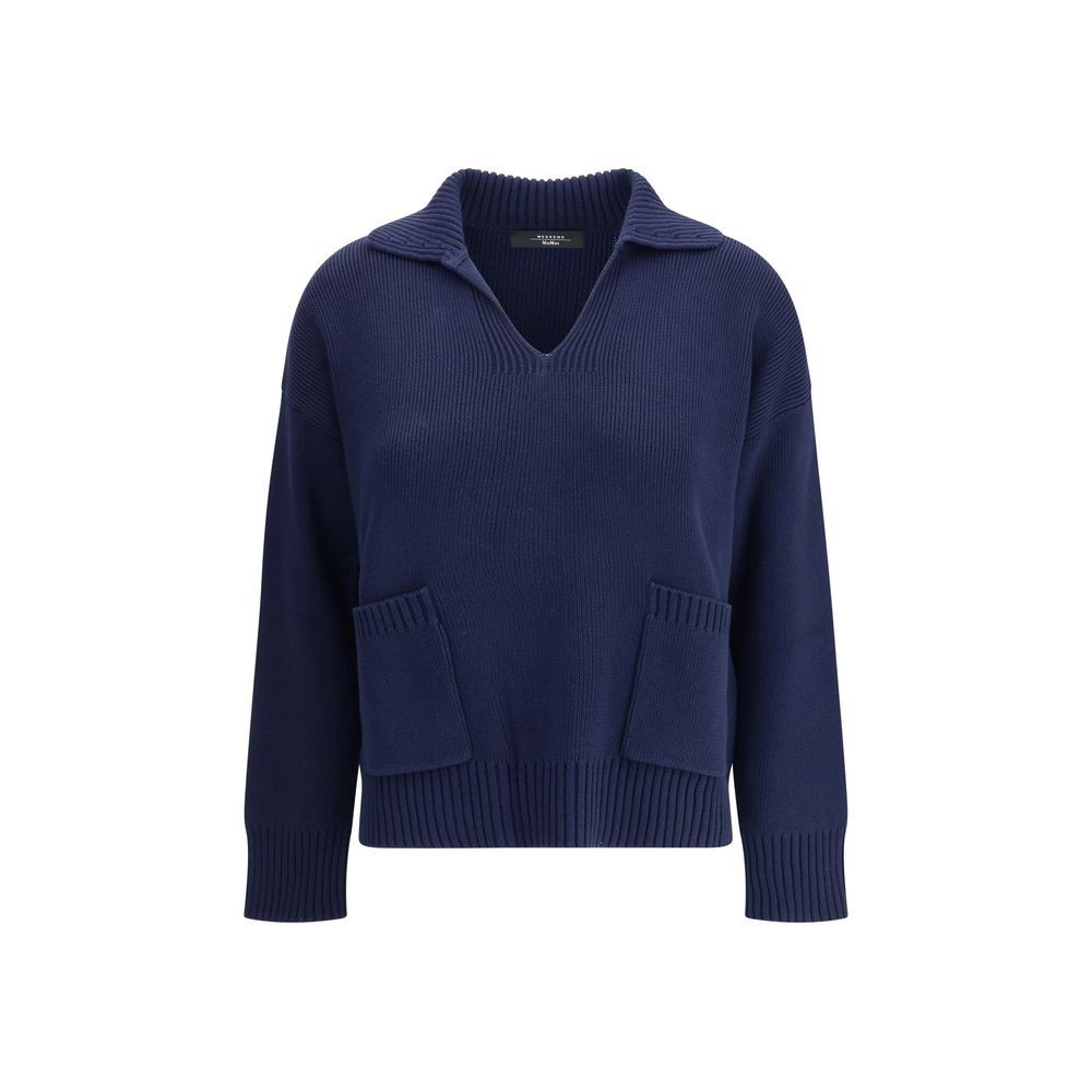 Max Mara Blue Cotton Sweatshirt with ribbed details and patch pockets, ideal for cold seasons, featuring dropped shoulders. Regular fit, 100% Cotton.