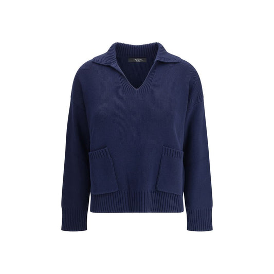 Max Mara Blue Cotton Sweatshirt with ribbed details and patch pockets, ideal for cold seasons, featuring dropped shoulders. Regular fit, 100% Cotton.