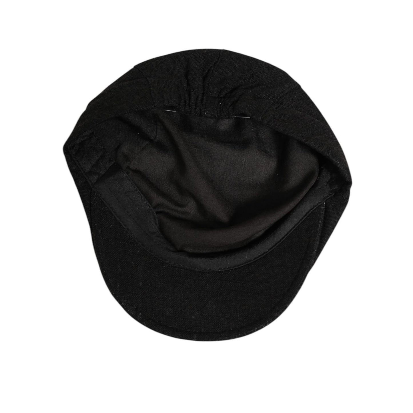 Bottom view of Dolce & Gabbana Black Cotton DG Logo Newsboy Cloth Capello Hat showing interior design and construction in black cotton.