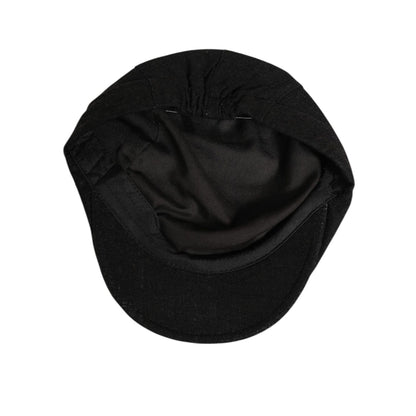 Bottom view of Dolce & Gabbana Black Cotton DG Logo Newsboy Cloth Capello Hat showing interior design and construction in black cotton.