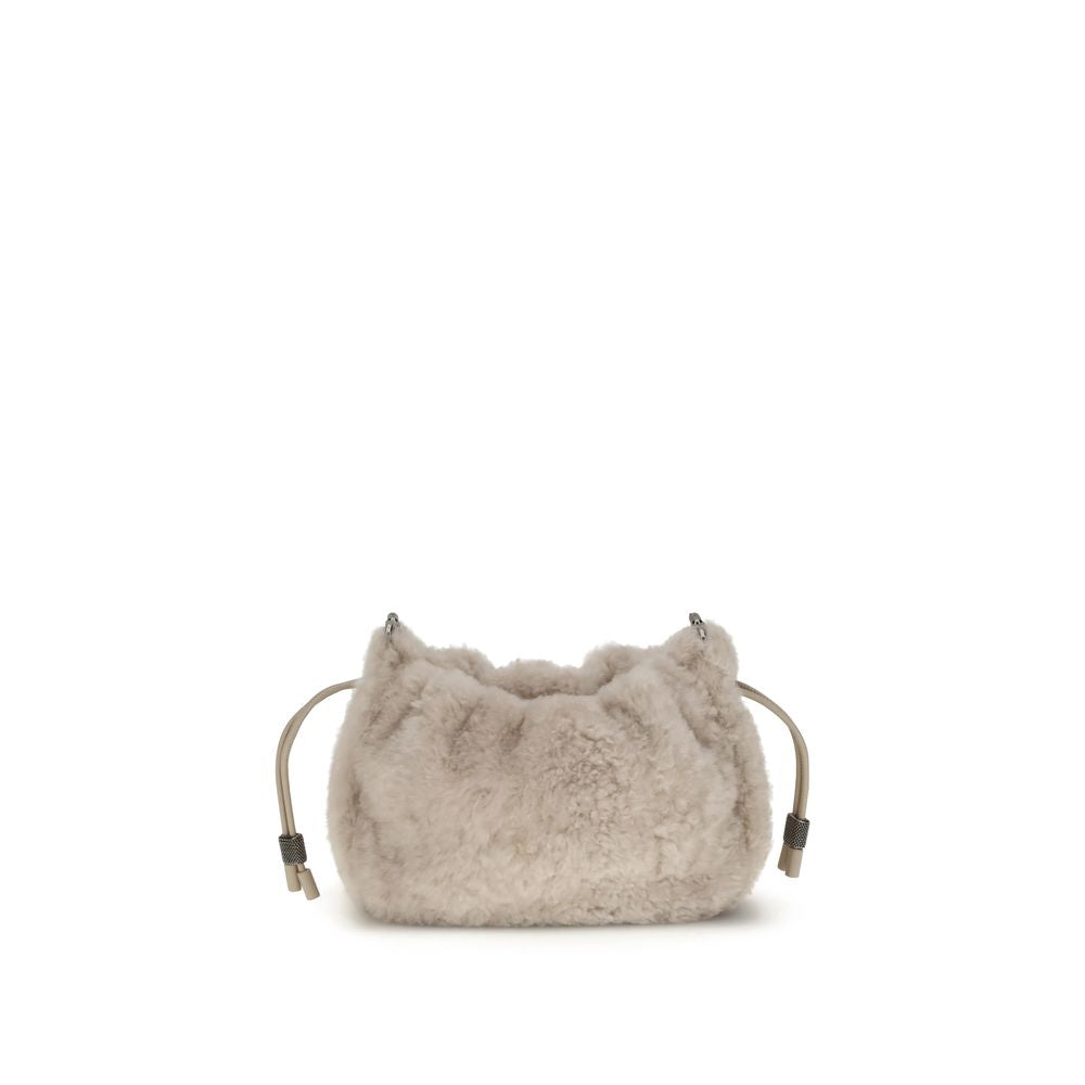 Brunello Cucinelli Gray Fur Shoulder Bag with drawstring closure and monile decoration, featuring a luxurious shearling design.