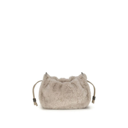 Brunello Cucinelli Gray Fur Shoulder Bag with drawstring closure and monile decoration, featuring a luxurious shearling design.