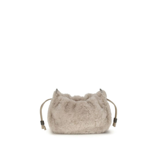 Brunello Cucinelli Gray Fur Shoulder Bag with drawstring closure and monile decoration, featuring a luxurious shearling design.