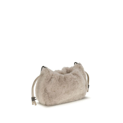 Brunello Cucinelli Gray Fur Shoulder Bag with shearling, leather lining, drawstring closure, and monile decoration.