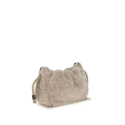 Brunello Cucinelli Gray Fur Shoulder Bag with shearling texture, drawstring closure, and adjustable strap for elegant styling.