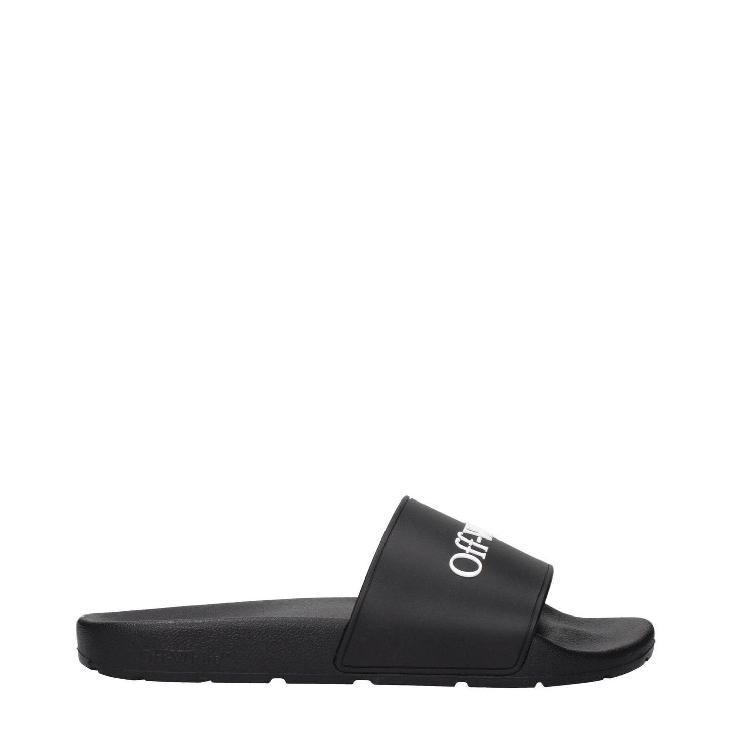Off-White Black Cotton Slippers with front logo, MPN OMIU002MAT0011001, code F84958, featuring a sleek black rubber design by Off-White.