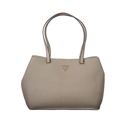 Guess Jeans Beige Polyethylene Handbag with shoulder handles and zip pouch, featuring logo and protective feet.