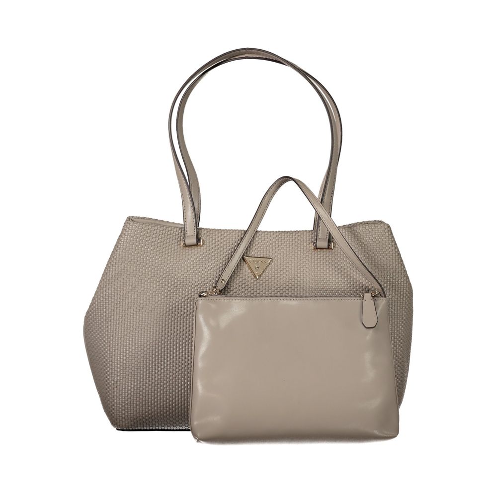 Guess Jeans Beige Polyethylene Handbag with two shoulder handles and removable pouch at front, featuring contrasting details and protective feet.