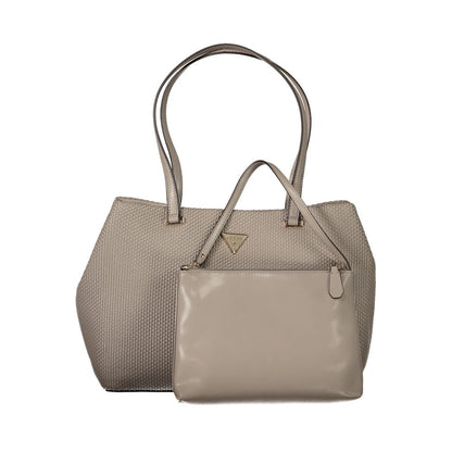 Guess Jeans Beige Polyethylene Handbag with two shoulder handles and removable pouch at front, featuring contrasting details and protective feet.