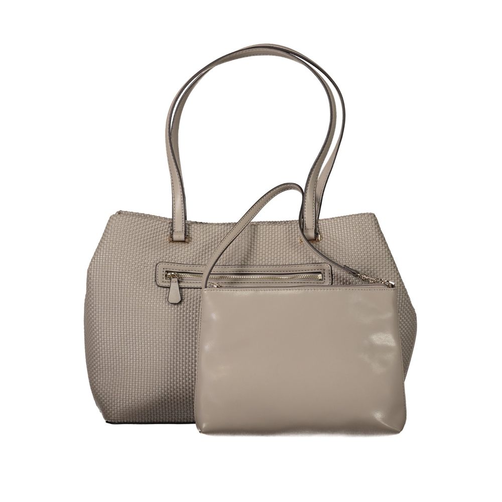 Guess Jeans Beige Polyethylene Handbag with shoulder handles and pouch, contrasting details, and logo on a white background.