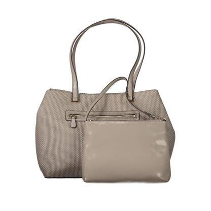 Guess Jeans Beige Polyethylene Handbag with shoulder handles and pouch, contrasting details, and logo on a white background.