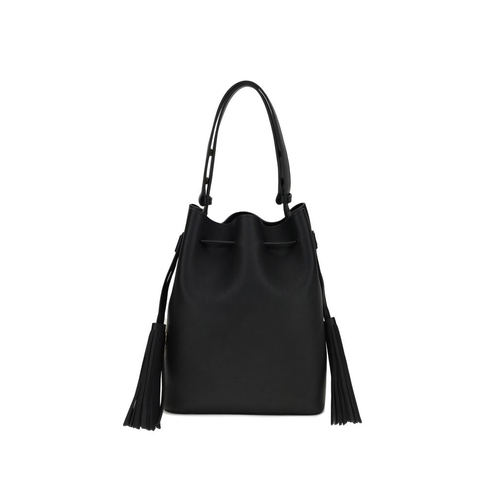 Valentino Garavani Black Calf Leather Bos Taurus Shoulder Bag with VLogo Signature and tassels