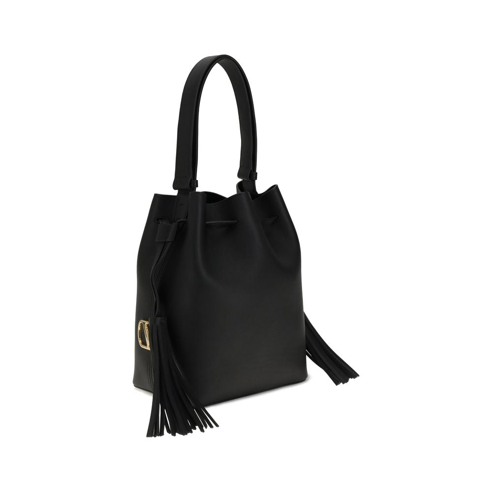 Valentino Garavani Black Calf Leather Bos Taurus Shoulder Bag with VLogo Signature, drawstring closure, and tassels.
