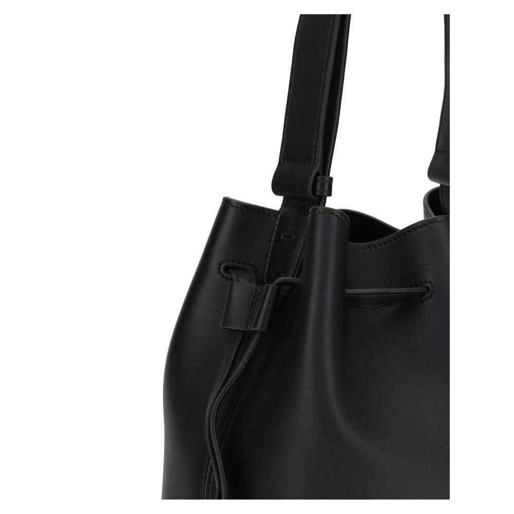 Close-up of Valentino Garavani Black Calf Leather Bos Taurus Shoulder Bag with drawstring feature and leather handle.