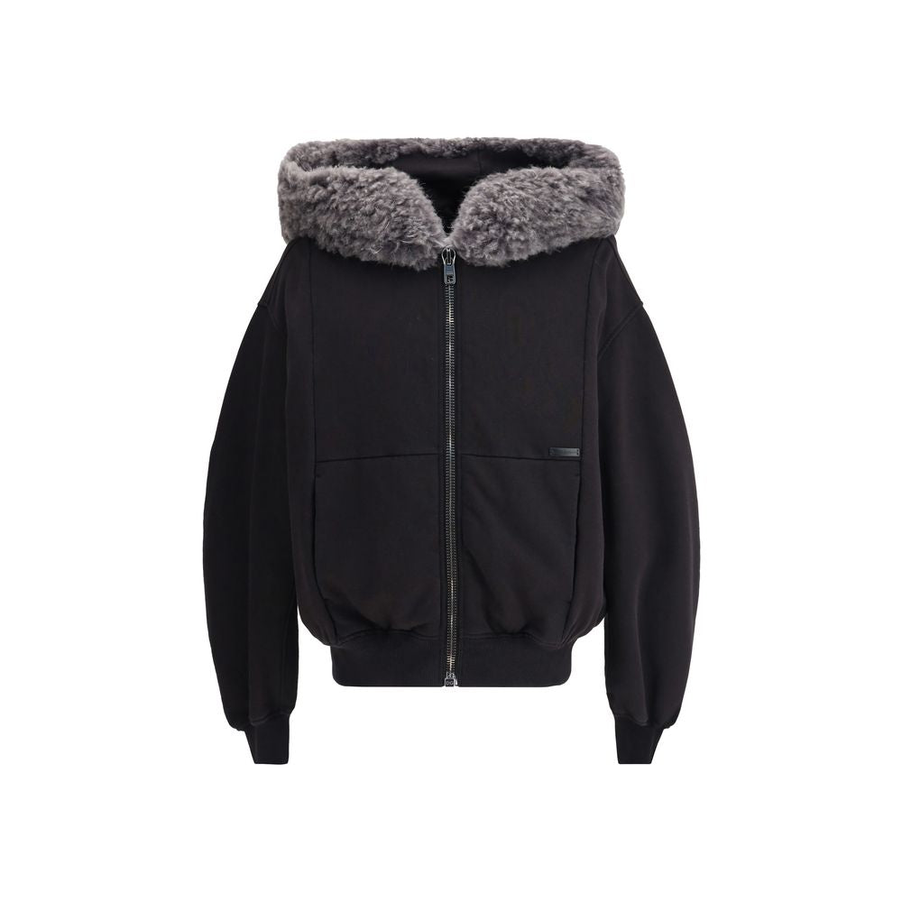 Dolce & Gabbana Black Cotton Sweatshirt with fur-trimmed hood, zip closure, and central pockets.