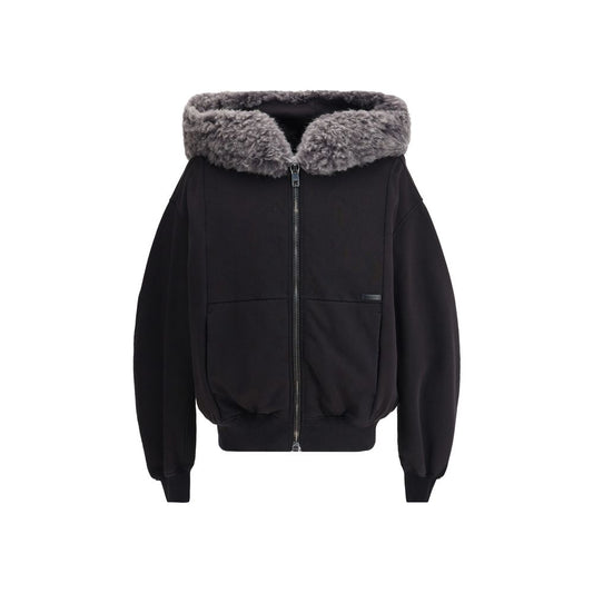 Dolce & Gabbana Black Cotton Sweatshirt with fur-trimmed hood, zip closure, and central pockets.