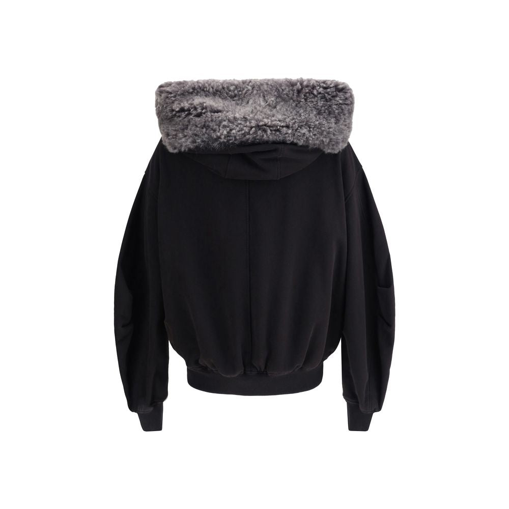 Dolce & Gabbana Black Cotton Sweatshirt with fur-trimmed hood, zip closure, and pleated sleeves showcasing an elegant and practical design.