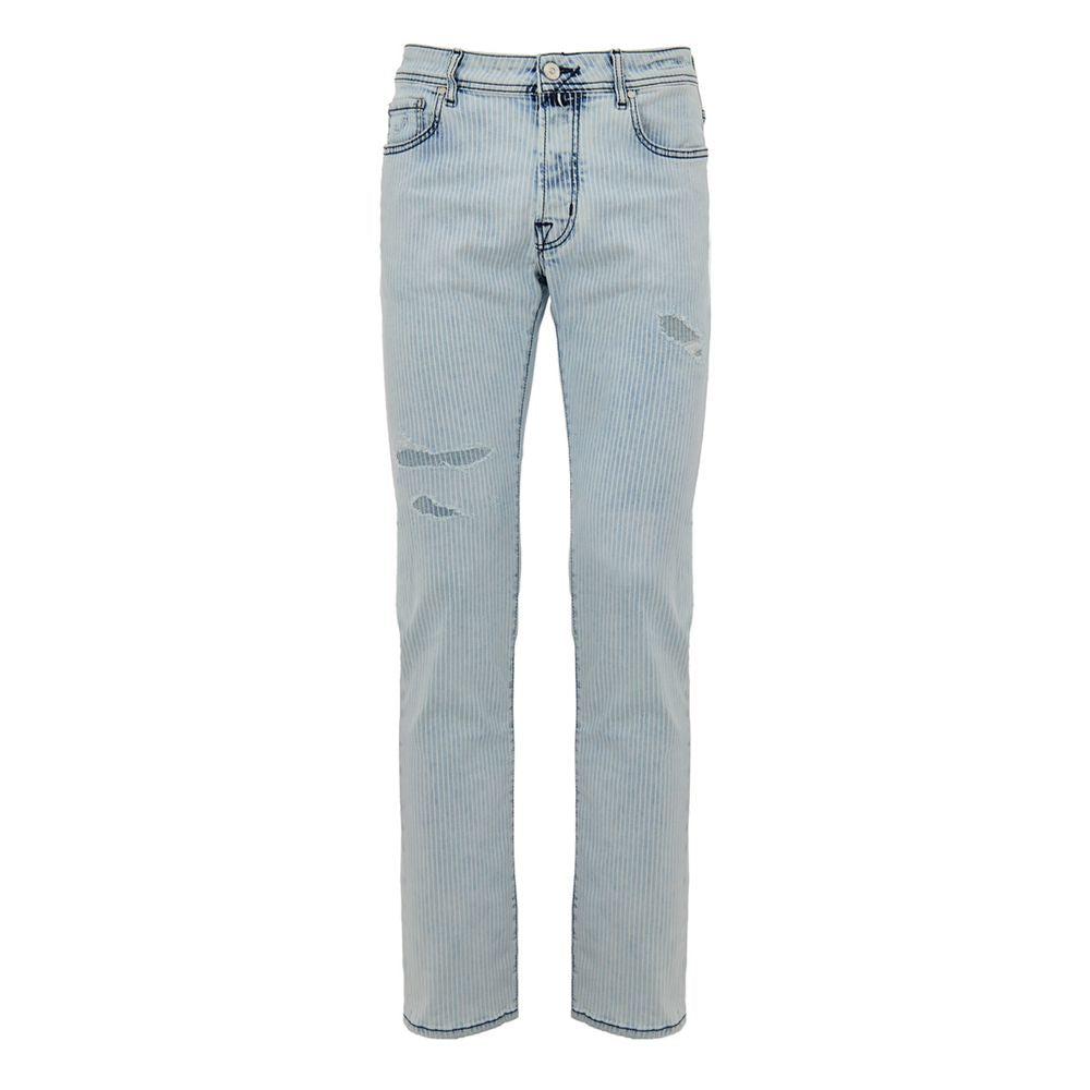 Jacob Cohen Blue Cotton Skinny Jeans with light denim stripes and minor distressing, featuring five pockets and unique details.
